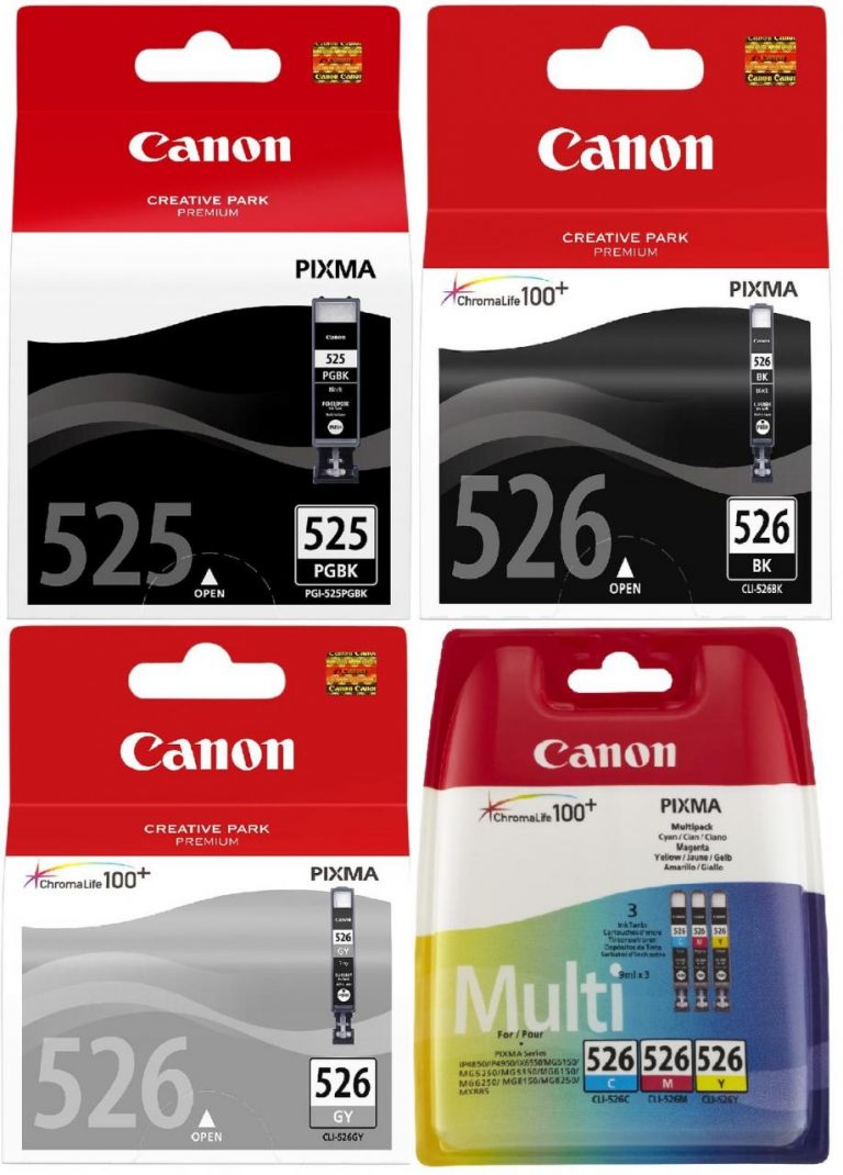 Canon CLI-526 BK+CMY+GY + PGI-525 PGBK Original Tintenpatrone 6er-Pack cyan, magenta, gelb, grau je 9ml schwarz 9ml+19ml
