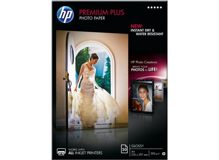 HP Premium Plus Fotopapier glänzend A4 (210 x 297 mm) 20 Blatt für Officejet Pro, Deskjet, ENVY (CR672A)