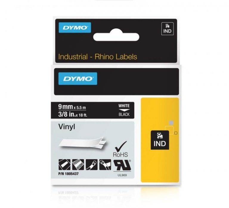 DYMO 1805437 Vinylband weiß auf schwarz (9 mm x 5,5 m) für RHINO und RHINO Pro