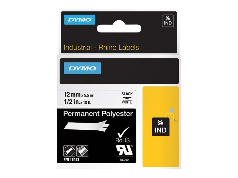 DYMO Permanentband Schwarz auf Weiß für Rhino (12 mm x 5 m)