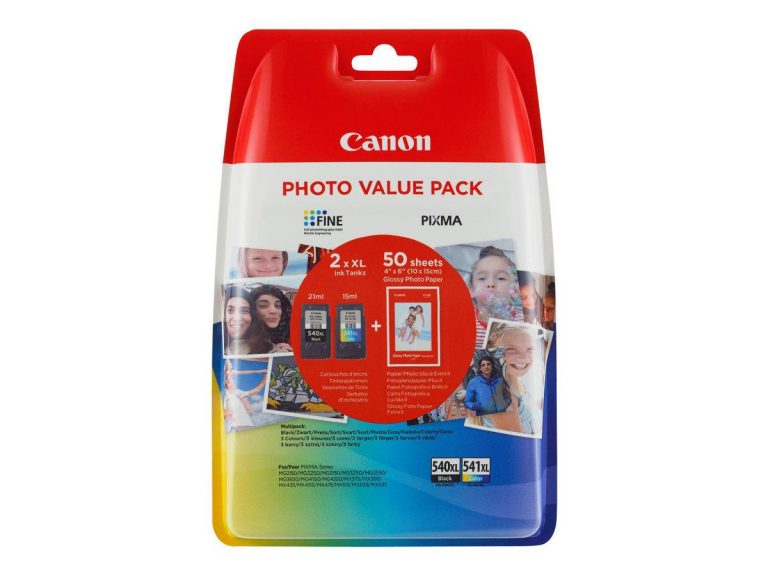 Canon PG-540XL BK/CL-541XL C/MY Original Tintenpatronen 2er-Pack schwarz 21ml, Farbe 15ml + 50 Blatt Fotopapier