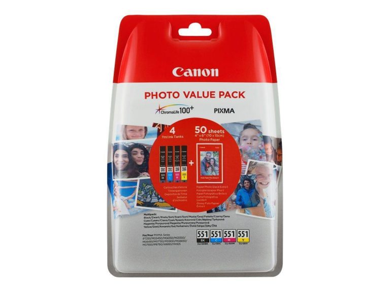 Canon Original Value-Pack Druckerpatronen CLI-551 schwarz, cyan, magenta, gelb + 50 Blatt Fotopapier PP-201 (6508B005)