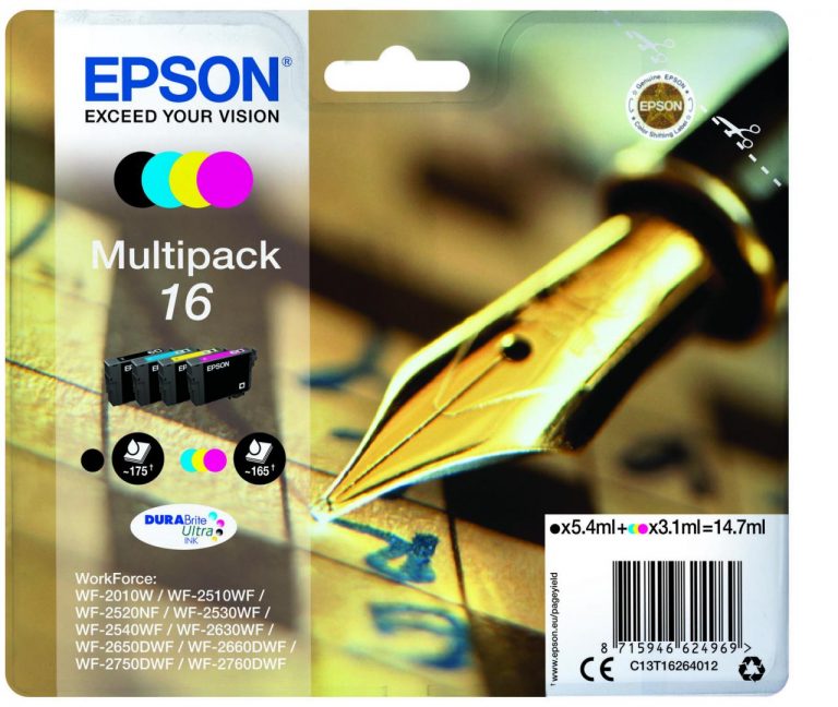 Epson Original 16 Füller Druckerpatronen 4er Multipack schwarz cyan magenta gelb (C13T16264012)