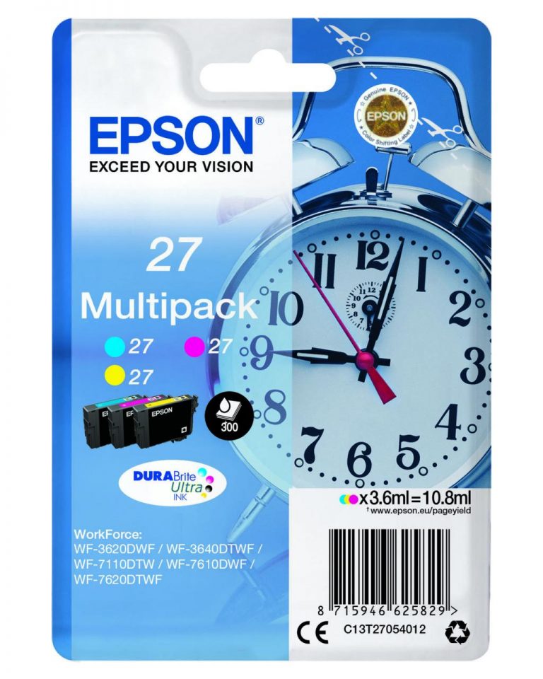 Epson Original 27 Wecker Tinten 3er Multipack cyan, magenta, gelb 900 Seiten 10,8ml (C13T27054012)