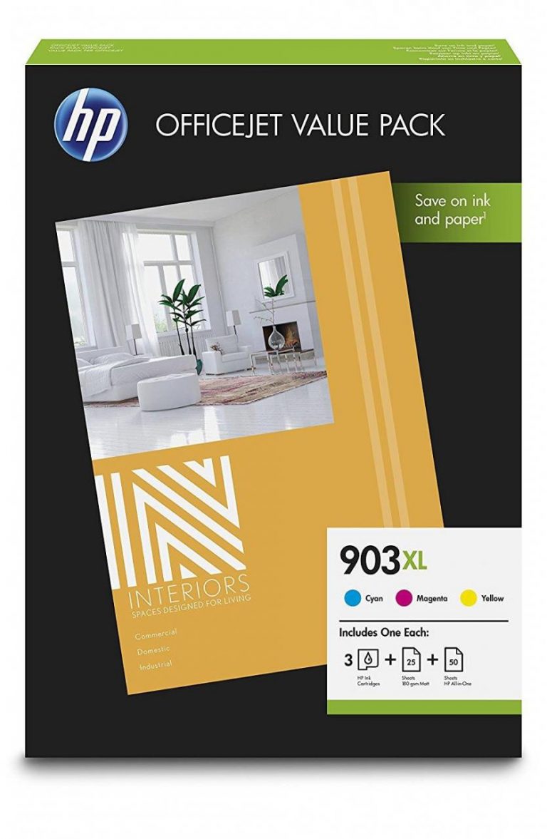 HP Original 903XL Value-Pack Druckerpatronen cyan, magenta, gelb 825 Seiten 9,5ml + 75 Blatt Papier (1CC20AE)
