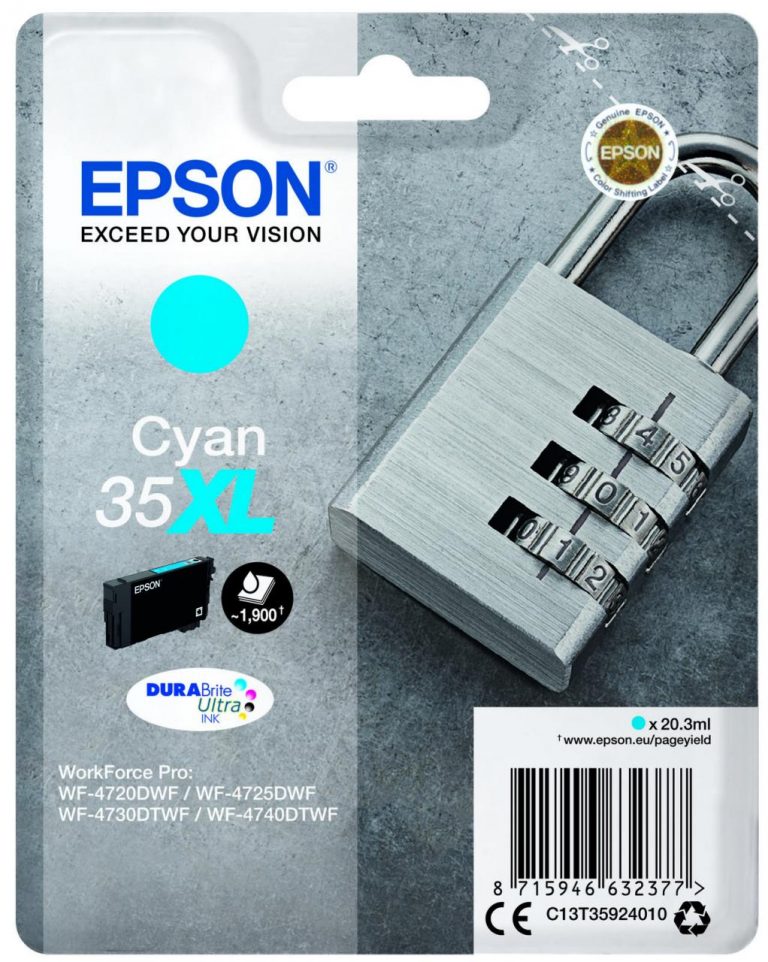 Epson Original 35XL Schloss Druckerpatrone cyan 1.900 Seiten20,3ml (C13T35924010)