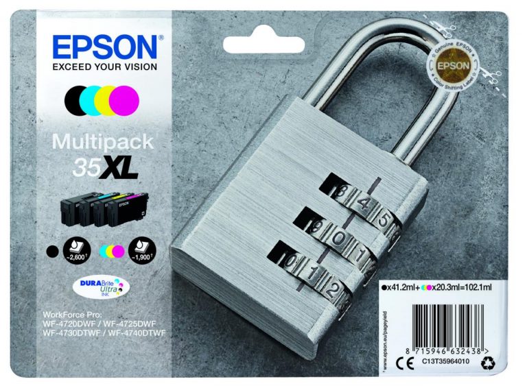 Epson Original 35XL Schloss Tintenaptronen 4er Multipack schwarz cyan magenta gelb (C13T35964010)