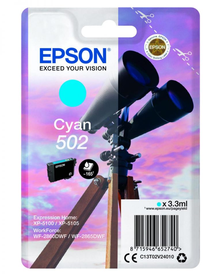 Epson Original 502 Fernglas Druckerpatrone cyan 160 Seiten 3.3ml (C13T02V24010)