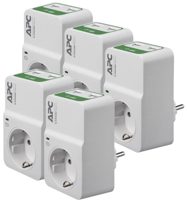 APC PM1WU2 5er Pack Essential SurgeArrest 1 Ausgang, 230 V, 2 USB-Ports mit Ladefunktion