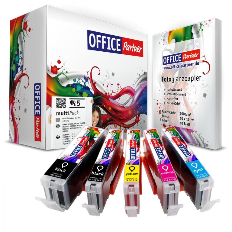 OFFICE-Partner Premium Tinte alternativ zu Canon CLI-551 - 5er Set + 10 Blatt Papier
