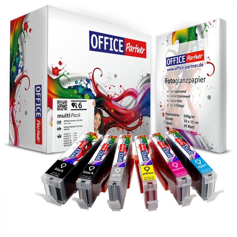 OFFICE-Partner Premium Tinte alternativ zu Canon CLI-551 - 6er Set + 20 Blatt Papier